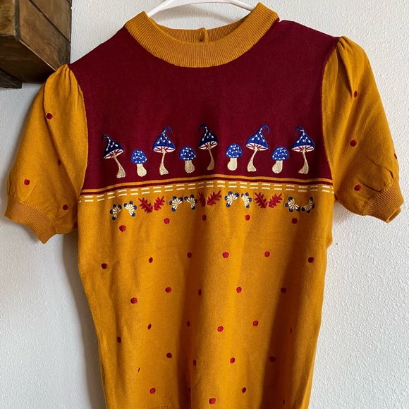 Mustard Burgundy Mushroom Polka Dot Vintage Cap Sleeve Retro Autumn Sweater - Picture 1 of 4
